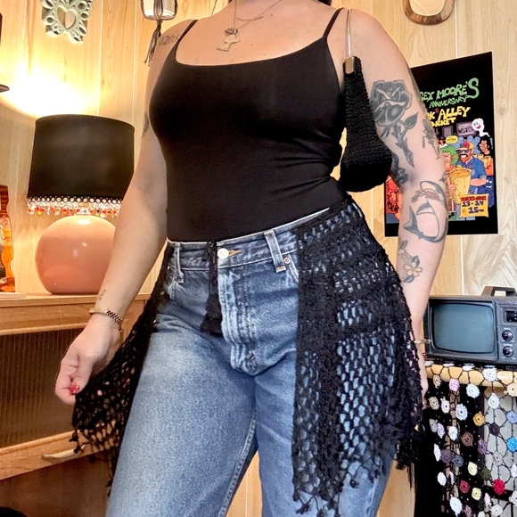 Vintage Black Crochet Bead Fringe Wrap 90s 2000s - Picture 1 of 9